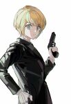  1boy androgynous black_jacket blonde_hair brown_eyes business_suit chain closed_mouth collared_shirt formal gun highres holding holding_gun holding_weapon hunter_x_hunter jacket jewelry kurapika looking_at_viewer lunar_(lunar_815) male_focus multiple_rings ring shirt simple_background solo suit suit_jacket weapon white_background white_shirt 