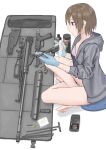  1girl absurdres bare_legs blue_gloves bottle bottomless bra brown_hair can cellphone cleaning_brush cleaning_gun cleaning_weapon collarbone crossed_legs d-sawa613 disassembly earpiece gloves grey_bag grey_hoodie grey_jacket gun gun_case h&amp;k_msg90 h&amp;k_psg1 heckler_&amp;_koch highres holding holding_cloth hood hood_down hooded_jacket hoodie jacket long_sleeves looking_at_object open_bag open_clothes open_jacket optical_sight original phone purple_eyes rifle short_hair simple_background sitting smartphone sniper_rifle solo spray_can underwear weapon white_background white_bra 