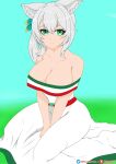  animal_ears bare_shoulders bleyker breasts cat_ears cleavage collarbone commission dress green_eyes hair_ornament highres hizuki_miu large_breasts long_dress long_hair looking_at_viewer mexican_dress off-shoulder_dress off_shoulder side_ponytail sitting virtual_youtuber wactor_production white_dress 