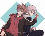  2boys adjusting_another&#039;s_eyewear aqua_eyes black_jacket black_pants blue_eyes brown_hair glasses grey_hair grin hair_between_eyes hood hood_down hoodie jacket kingdom_hearts kingdom_hearts_iii long_sleeves looking_back male_focus multiple_boys one_eye_closed pants parted_lips red_hoodie riku_(kingdom_hearts) short_hair smile sora_(kingdom_hearts) spiked_hair teeth track_jacket upper_body yurichi_(artist) 