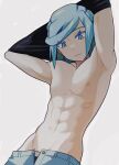 1boy abs absurdres aqua_eyes aqua_hair armpits bbhdrrr black_shirt buttons closed_mouth grusha_(pokemon) highres looking_down male_focus medium_hair open_fly pants pectorals pokemon pokemon_(game) pokemon_sv shirt solo toned toned_male undressing white_background 