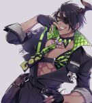  1boy abs absurdres aragami_oga belt belt_pouch black_hair black_shirt chest_guard cm10th collar dark-skinned_male dark_skin earrings eyepatch finger_to_mouth gem gloves green_eyes green_gemstone grey_background grin hair_between_eyes hand_on_hip hand_up high_collar highres holostars horns jewelry looking_at_viewer male_focus necktie open_clothes open_shirt partially_fingerless_gloves pectoral_cleavage pectorals pouch sam_browne_belt sharp_teeth shirt simple_background single_earring single_horn smile solo teeth upper_body virtual_youtuber 