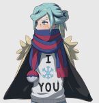  1boy bbhdrrr blue_scarf blush green_eyes green_hair grey_sweater grusha_(pokemon) hair_bun highres jacket long_hair looking_away looking_to_the_side male_focus open_clothes open_jacket poke_ball_print pokemon pokemon_(game) pokemon_sv print_sweater scarf snowflake_print solo striped striped_scarf sweat sweater text_print upper_body white_background yellow_jacket 
