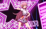  1girl bangs blue_eyes fingerless_gloves gloves hand_on_hip hand_up headphones highres jut0923 long_hair luka_luka_night_fever_(vocaloid) megurine_luka open_mouth pink_hair pole_dancing project_diva_(series) project_diva_extend puffy_short_sleeves puffy_sleeves samfree_(&quot;night&quot;_songs) sano_takayuki_(samfree) short_sleeves smile solo stage swept_bangs vocaloid white_gloves 