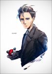  1boy artist_name black_hair black_jacket closed_mouth collared_shirt commentary_request frown glitch gloves holding holding_poke_ball jacket k-suwabe larry_(pokemon) long_sleeves looking_at_viewer male_focus necktie poke_ball poke_ball_(basic) pokemon pokemon_(game) pokemon_sv shirt short_hair solo upper_body white_background 