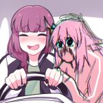  2girls bangs black_jacket black_nails blue_eyes blush bocchi_the_rock! car_interior chainsaw_man chromatic_aberration commentary fang gotou_hitori green_shirt highres hiroi_kikuri hyuni_(hyunicat) jacket letterman_jacket meme multiple_girls open_mouth pink_hair pink_jacket power_crashes_kobeni&#039;s_car_(meme) purple_hair screaming season_connection shirt steering_wheel symbol-only_commentary track_jacket trembling 