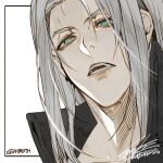  1boy aqua_eyes bangs bishounen black_jacket border character_name close-up final_fantasy final_fantasy_vii final_fantasy_vii_remake grey_hair hiryuu_(kugelcruor) jacket long_bangs long_hair looking_at_viewer looking_down male_focus open_mouth parted_bangs sephiroth signature slit_pupils solo teeth upper_body white_background 