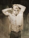  1boy abs arms_up art_of_neight artist_name bara belt biceps chainsaw_man cigarette curtained_hair facial_hair highres holding holding_cigarette kishibe_(chainsaw_man) looking_at_viewer male_focus muscular muscular_male partially_undressed sepia shirt short_hair smoke solo stitched_face stitches stubble white_shirt 