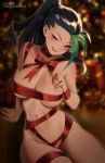  1girl ;p arm_support black_hair blurry blurry_background body_freckles box breasts christmas_tree collarbone commentary dark-skinned_female dark_skin english_commentary freckles gift gift_box hand_up high_ponytail highres large_breasts long_hair looking_at_viewer multicolored_hair naked_ribbon naughty_face navel nemona_(pokemon) one_eye_closed orange_eyes patreon_username pokemon pokemon_(game) pokemon_sv red_ribbon ribbon skindentation solo streaked_hair thighs tofuubear tongue tongue_out v-shaped_eyebrows watermark 