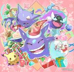  :d bauble bell black_eyes candy candy_cane candy_wrapper character_print christmas closed_eyes commentary_request delibird fangs food gastly gengar hat haunter holding holly mimikyu no_humans open_mouth poke_ball pokemon pokemon_(creature) red_headwear santa_hat smile stantler staryu teeth tongue yurian_(user_utch8788) 