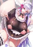  1girl absurdres alternate_costume apron black_dress black_thighhighs breasts breasts_out cameltoe clothes_lift detached_collar dress dress_lift enmaided fate/grand_order fate_(series) frilled_apron frilled_dress frills garter_straps grey_hair hair_ribbon highres huge_breasts kama_(fate) lifted_by_self long_hair maid maid_apron maid_headdress mia_(gute-nacht-07) nipples panties puffy_short_sleeves puffy_sleeves purple_eyes purple_ribbon ribbon short_sleeves thighhighs underwear very_long_hair waist_apron white_apron white_panties zoom_layer 