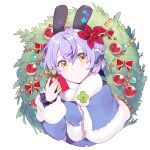  1girl blue_capelet blue_coat capelet christmas christmas_ornaments christmas_wreath coat cropped_torso flower fur-trimmed_capelet fur-trimmed_coat fur_trim gift giving hair_flower hair_ornament holding holding_gift kuze_(ira) light_frown lillie_(kuze) long_sleeves original purple_hair red_flower short_hair simple_background solo star_ornament symbol-shaped_pupils white_background yellow_eyes 