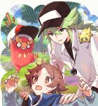  !? +++ 2boys bangs baseball_cap black_headwear black_undershirt blue_jacket blush brown_eyes brown_hair collared_shirt commentary_request darumaka emphasis_lines green_hair hands_up hat highres hii_(hii101) hilbert_(pokemon) jacket jewelry joltik long_hair long_sleeves male_focus multiple_boys n_(pokemon) necklace open_mouth pokemon pokemon_(creature) pokemon_(game) pokemon_bw shirt short_hair sweatdrop undershirt white_shirt 