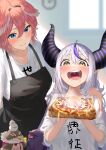 2girls absurdres apron bangs bird black_apron blue_eyes blush closed_mouth commentary_request crow crow_(la+_darknesss) demon_horns fried_egg fried_egg_on_toast ganmo_(takane_lui) hair_between_eyes head_wings highres hololive horns la+_darknesss long_hair looking_at_another multicolored_hair multiple_girls nanaushi open_mouth owl pink_hair purple_hair saliva shirt short_sleeves smile takane_lui tsukune_(takane_lui) tsumire_(takane_lui) virtual_youtuber white_hair white_shirt yellow_eyes 