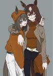  2girls :d animal_ears arm_around_neck bag bangs beanie black_hair black_pants breasts brown_hair brown_jacket brown_shirt ear_piercing ears_through_headwear grey_background grin hair_between_eyes hat holding holding_bag horse_ears horse_girl horse_tail jacket long_sleeves looking_at_viewer medium_breasts mob_trainer multicolored_hair multiple_girls nakayama_festa_(umamusume) open_clothes open_jacket orange_headwear orange_shirt pants piercing purple_eyes red_eyes shirt simple_background sirius_symboli_(umamusume) smile standing tail two-tone_hair umamusume white_hair white_pants 