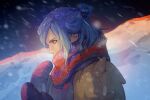  1boy blue_hair commentary_request earrings from_side grusha_(pokemon) hair_bun highres jacket jewelry long_hair looking_down male_focus mittens night outdoors pokemon pokemon_(game) pokemon_sv renshena scarf scarf_over_mouth sky snowing solo striped striped_scarf upper_body yellow_jacket 