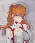  1girl blue_eyes bodysuit breasts closed_mouth commentary cooperliadm evangelion:_3.0+1.0_thrice_upon_a_time eyepatch headgear highres interface_headset neon_genesis_evangelion orange_hair pilot_suit plugsuit rebuild_of_evangelion science_fiction solo souryuu_asuka_langley upper_body white_bodysuit 