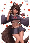  1girl absurdres animal_ear_fluff animal_ears artist_name bangs black_shirt black_skirt bra breasts brown_hair brown_tail cleavage clothing_cutout commentary_request crop_top dark-skinned_female dark_skin dated fang feet_out_of_frame hair_ribbon hand_on_hip hand_up highres large_breasts long_hair long_sleeves looking_at_viewer midriff mole mole_under_eye nanaushi navel neckerchief open_mouth original pleated_skirt red_eyes red_neckerchief red_ribbon ribbon sailor_collar shirt shoulder_cutout skirt smile solo tail underwear white_background white_bra white_sailor_collar wide_sleeves wolf_ears wolf_girl wolf_tail 