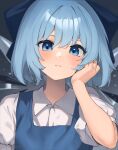  1girl absurdres bangs blue_eyes blue_hair blue_ribbon cirno closed_mouth collared_shirt commentary_request hair_ribbon hand_on_own_head highres ice ice_wings light_frown portrait puffy_short_sleeves puffy_sleeves qwas69 ribbon shirt short_hair short_sleeves solo touhou white_shirt wings 