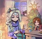  3girls ;) bangs black_eyes black_hairband blush bonfire_(dark_souls) box braid brown_hair character_request christmas_tree dark_souls_(series) diana_(league_of_legends) facial_mark forehead_mark freckles gift gift_box hair_ornament hairband league_of_legends leona_(league_of_legends) long_hair long_sleeves looking_at_viewer multiple_girls my_little_pony my_little_pony:_friendship_is_magic one_eye_closed parted_bangs phantom_ix_row purple_scarf red_hair scarf shiny shiny_hair smile sweater table unwrapping window zoe_(league_of_legends) 