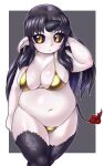  1girl :/ adjusting_hair arm_at_side arm_up bare_arms bare_shoulders belly big_belly bikini black_fur black_hair black_horns black_sclera body_fur breasts cleavage closed_mouth colored_sclera colored_skin fat flame-tipped_tail fur futaba_channel gold_bikini hand_up highres horns horse_tail kakutan_(nijiura_maid) kuma_(kumahoihoi) large_breasts long_hair navel nijiura_maids outline pointy_ears shiny shiny_hair single_horn slit_pupils solo swimsuit tail thighs white_outline white_skin 