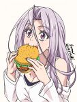  1girl artist_name bare_shoulders baron_(varon666) black_sports_bra breasts burger cleavage eating food food_in_mouth fuuto_tantei hair_between_eyes highres holding holding_food kamen_rider kamen_rider_w long_hair long_sleeves purple_eyes purple_hair shirt signature solo sports_bra tokime_(fuuto_tantei) twitter_username upper_body white_shirt wide-eyed 