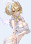  1girl :o alternate_costume angel_wings armpit_crease bangs bare_shoulders blonde_hair bow bowtie breasts cleavage crop_top dress ear_piercing feathered_wings frilled_dress frills genshin_impact hair_between_eyes halo hand_on_own_arm highres lace-trimmed_panties lace-trimmed_sleeves lace_trim looking_at_viewer lumine_(genshin_impact) maid_headdress midriff panties piercing raiya_atelier short_hair_with_long_locks sidelocks simple_background solo twisted_torso underwear white_bow wings yellow_eyes 
