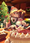  2girls absurdres blonde_hair blush breasts brown_hair cake christmas christmas_tree eating food hat highres kiss large_breasts meat multiple_girls original santa_hat table wanashi_tam yuri 