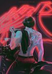  1boy artist_name back black_headwear chinese_text copyright_name helmet jaxx_s2 jin_cheong-woo male_focus motorcycle_helmet muscular muscular_male neon_lights on_motorcycle pants scar scar_on_back solo topless_male traditional_chinese_text under_the_greenlight 