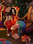  1girl alcohol_(alc96vol) animal antlers black_hair blue_eyes brook_(one_piece) christmas christmas_stocking christmas_tree gift hat highres indoors long_sleeves nico_robin no_bangs one_piece reindeer reindeer_antlers santa_costume santa_hat sitting skeleton smile tony_tony_chopper 