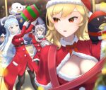  3girls absurdres bazo_(vestia_zeta) blonde_hair blue_eyes blue_hair breasts christmas christmas_ornaments christmas_tree cleavage cleavage_cutout clothing_cutout couch firen_inferno floor gift grey_eyes grey_hair hat highres holoh3roes hololive hololive_indonesia kaela_kovalskia kobo_kanaeru long_hair looking_to_the_side multiple_girls open_mouth red_eyes santa_costume santa_hat sitting standing thighhighs vestia_zeta virtual_youtuber 