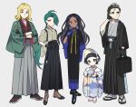  2boys 3girls adapted_costume bag bangs black_bag black_footwear black_gloves black_hair black_hakama black_kimono black_socks blonde_hair blue_gloves child closed_mouth commentary_request crossed_arms female_child geeta_(pokemon) gloves green_jacket grey_footwear grey_hakama grey_kimono hakama hakama_skirt hand_up hands_on_hips hassel_(pokemon) highres holding holding_bag jacket japanese_clothes kimono larry_(pokemon) long_hair looking_at_viewer multiple_boys multiple_girls open_clothes open_jacket parted_bangs pokemon pokemon_(game) pokemon_sv poppy_(pokemon) rika_(pokemon) sandals sash shoes skirt smile socks standing waka_(wk4444) zouri 