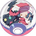  1girl :o beanie blush bright_pupils cha_0909 chibi closed_eyes clothed_pokemon coat commentary_request darkrai dawn_(pokemon) eyelashes green_eyes hair_ornament hairclip hat long_hair lowres parted_lips pokemon pokemon_(creature) pokemon_(game) pokemon_dppt pokemon_platinum red_coat red_headwear santa_hat scarf sidelocks white_headwear white_pupils white_scarf 