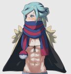  1boy abs bbhdrrr bikini black_bikini blue_scarf blush commentary_request green_eyes green_hair grusha_(pokemon) hair_bun highres jacket korean_commentary long_hair looking_away looking_to_the_side male_focus micro_bikini navel no_shirt open_clothes open_jacket otoko_no_ko poke_ball_print pokemon pokemon_(game) pokemon_sv scarf solo striped striped_scarf sweat swimsuit upper_body white_background yellow_jacket 