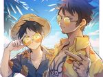  2boys alternate_costume black_hair chest_tattoo closed_mouth earrings facial_hair hand_tattoo hand_up hat hawaiian_shirt jewelry looking_at_viewer male_focus middle_finger monkey_d._luffy multiple_boys one_piece open_clothes open_shirt orange-tinted_eyewear outdoors palm_tree shirt short_hair short_sleeves smile straw_hat tattoo tinted_eyewear trafalgar_law tree yellow_eyes yurichi_(artist) 