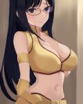  1girl absurdres airport96 alice_gear_aegis belt black_hair blue_eyes breasts cleavage cosplay dirty_pair glasses gloves highres large_breasts long_hair looking_at_viewer midriff momoshina_fumika navel open_mouth shirt solo sweat yellow_shirt yuri_(dirty_pair) yuri_(dirty_pair)_(cosplay) 