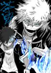  1boy absurdres black_hair blue_eyes blue_fire boku_no_hero_academia burn_scar cheek_piercing coat dabi_(boku_no_hero_academia) fire greyscale grin highres male_focus monochrome multiple_scars open_mouth piercing scar scar_on_hand scar_on_neck shirt short_hair short_sleeves smile solo spot_color staple stapled stitches teeth todoroki_touya white_hair yyuuuu0828 