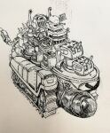  anchor battleship big_shiee caterpillar_tracks greyscale ground_vehicle metal_slug military military_vehicle monochrome motor_vehicle no_humans ship tank_focus traditional_media turret vehicle_focus warship watercraft wezzinggarf 