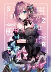  1girl black_dress black_thighhighs blue_eyes blush bow brown_hair detached_sleeves dress flower green_bow hair_ornament highres looking_at_viewer nijisanji pink_bow pink_flower saine sleeveless solo striped striped_bow suzuhara_lulu thighhighs virtual_youtuber x_hair_ornament 