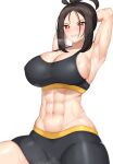  1girl abs absurdres armpits arms_behind_head bangs bike_shorts black_hair black_shorts black_sports_bra breasts brown_eyes cleavage commentary_request dendra_(pokemon) highres large_breasts looking_at_viewer navel parted_bangs parted_lips pokemon pokemon_(game) pokemon_sv sharen shorts sideboob smile solo sports_bra steaming_body sweat toned white_background 