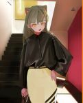  1girl absurdres animal_ears black_shirt fang grey_hair hand_on_hip highres indoors long_hair long_sleeves looking_at_viewer open_mouth original polilla shirt skirt solo stairs wide_sleeves yellow_eyes yellow_skirt 