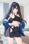  1girl ahoge bangs black_hair black_panties black_sports_bra blue_eyes blue_jacket blush breasts dressing highres indoors jacket large_breasts long_hair looking_at_viewer midriff off_shoulder original panties plaid plaid_skirt skirt solo sports_bra uiri-na underwear 