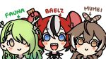  3girls animal_ears antlers arrow_(symbol) bangs black_collar black_hair blue_eyes blush braid brown_eyes brown_hair ceres_fauna character_name collar english_text feather_hair_ornament feathers flower green_hair hair_between_eyes hair_flower hair_ornament hair_over_one_eye hakos_baelz highres hololive hololive_english long_hair mole mole_under_eye mouse_ears mouse_girl multicolored_hair multiple_girls nanashi_mumei nanashi_mumei_(artist) open_mouth ponytail red_hair sharp_teeth shirt side_braid sidelocks simple_background smile spiked_collar spikes streaked_hair teeth virtual_youtuber white_background white_hair white_shirt yellow_eyes 