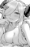  1girl absurdres bangs blush breasts cleavage earrings granblue_fantasy greyscale hair_ornament hair_over_one_eye highres horns jewelry large_breasts long_hair looking_at_viewer lying monochrome narmaya_(granblue_fantasy) narmaya_(summer)_(granblue_fantasy) official_alternate_costume pointy_ears smile solo terano_haruma 