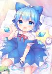  1girl ahoge alarm_clock blue_bow blue_dress blue_eyes blue_hair blush bow cirno clock commentary_request daiyousei detached_wings dress fairy hair_between_eyes hair_bow heart heart_pillow highres ice ice_wings on_bed open_mouth pillow pinafore_dress pjrmhm_coa puffy_short_sleeves puffy_sleeves shirt short_hair short_sleeves sitting smile socks solo star_pillow strap_slip touhou white_shirt white_socks wings yukkuri_shiteitte_ne 