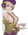  1girl bare_shoulders beret blonde_hair blue_eyes breasts cleavage collarbone covered_nipples cup darjeeling_(girls_und_panzer) girls_und_panzer hat headphones holding holding_cup holding_plate jacket jacket_partially_removed large_breasts looking_at_viewer military military_uniform naked_suspenders navel plate simple_background skirt solo suspenders teacup uniform upper_body white_background yurikuta_tsukumi 