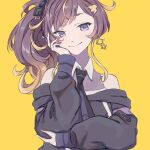 1girl anya_melfissa brown_hair futomoy hand_on_own_cheek hand_on_own_face highres hololive hololive_indonesia long_hair multicolored_hair necktie official_alternate_costume purple_eyes side_ponytail smile streaked_hair virtual_youtuber yellow_background yellow_nails 