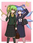  2girls :d alternate_costume bag black_serafuku black_skirt black_socks blue_eyes blue_hair blush bow bowtie cirno commentary_request daiyousei detached_wings double_v fairy_wings feet_out_of_frame gradient gradient_background green_eyes green_hair heart highres holding holding_bag ice ice_wings long_sleeves looking_at_viewer multiple_girls open_mouth pink_background pleated_skirt school_uniform serafuku shitacemayo side_ponytail skirt smile socks standing striped striped_skirt sweatdrop touhou transparent_wings twitter_username v white_bow white_socks wings yellow_bow yellow_bowtie 