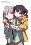  2girls absurdres arms_around_neck bangs black_hair blush brown_hair closed_mouth coat cup green_coat green_eyes grin hair_between_eyes highres holding holding_cup koumoto_yuusei kuraue_hinata looking_at_viewer megami_magazine multiple_girls official_art purple_eyes scan short_hair short_twintails simple_background smile standing twintails upper_body white_background yama_no_susume yellow_coat yukimura_aoi 