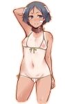  1girl animal_ears bandaid bandaid_on_face bar_censor bikini black_hair blue_eyes blush brave_witches breasts censored collar crotchless crotchless_bikini cupless_bikini dog_ears em_(totsuzen_no_hakike) green_bikini kanno_naoe navel nipples pussy shiny shiny_hair shiny_skin short_hair simple_background small_breasts smile solo standing sweat swimsuit tan tanlines white_background world_witches_series 